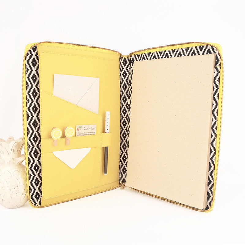 Lemon A4 MONARCH Leather Black & White Diamonds Fabric Lined Zippered Compendium by CocoaPaper