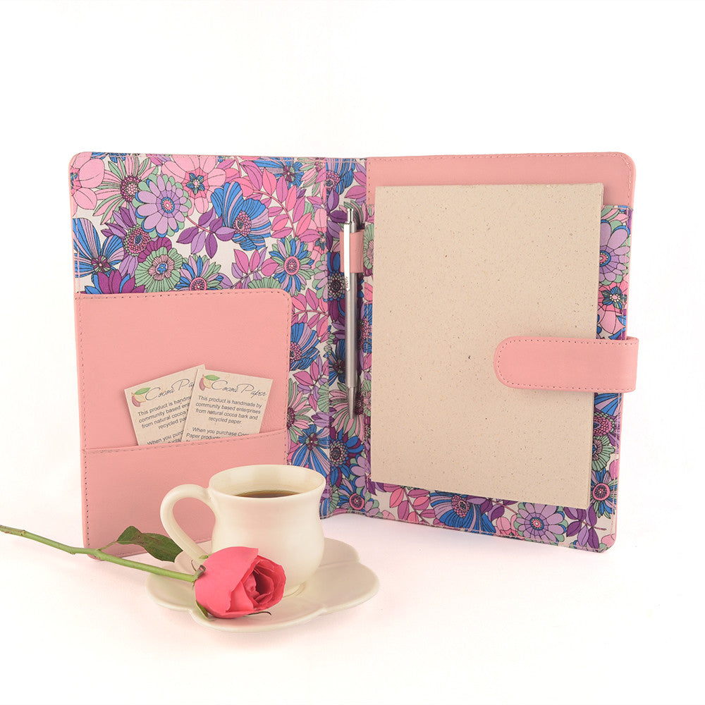 Pale Pink A5 Floral Fabric Lined Leather PadFolio by CocoaPaper